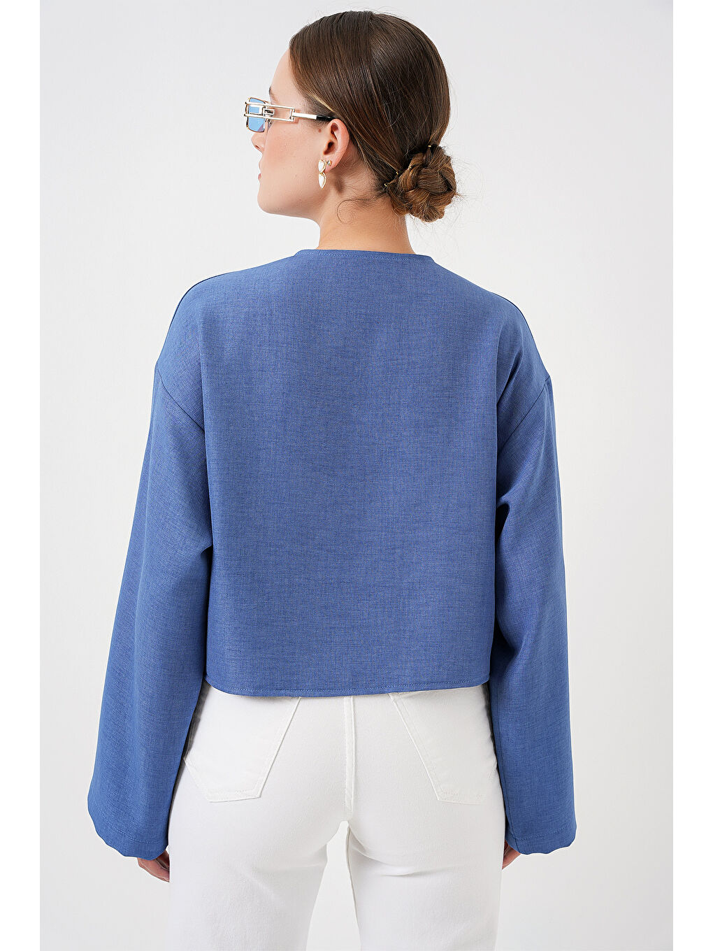 Önü Bağlamalı Keten Kimono 960 - İndigo-5