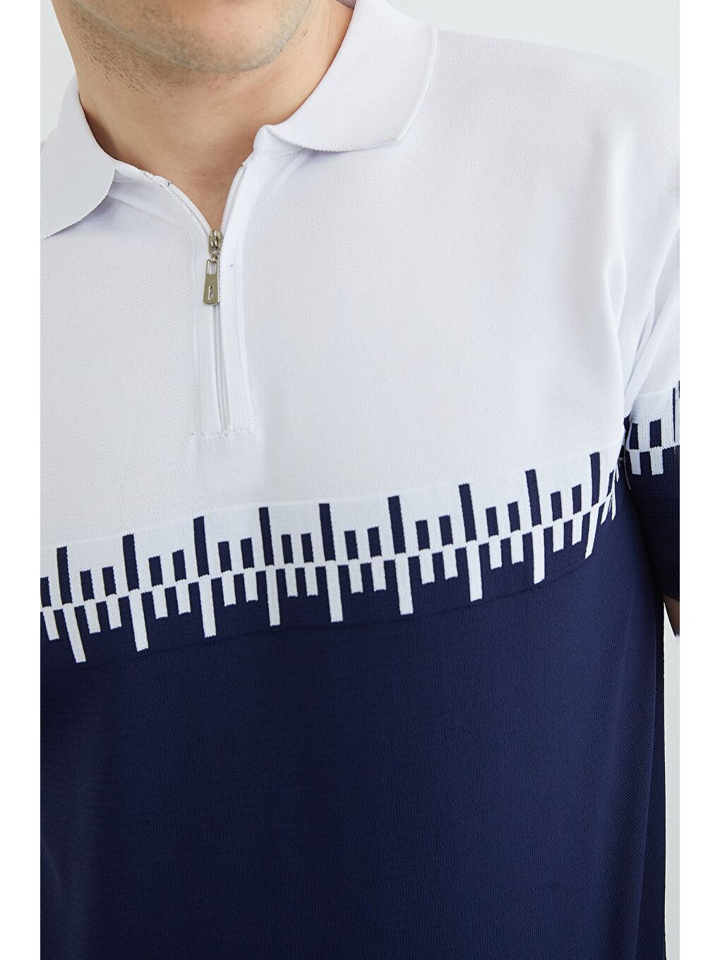 Lacivert Yarım Fermuarlı Polo Yaka Triko Tişört-4