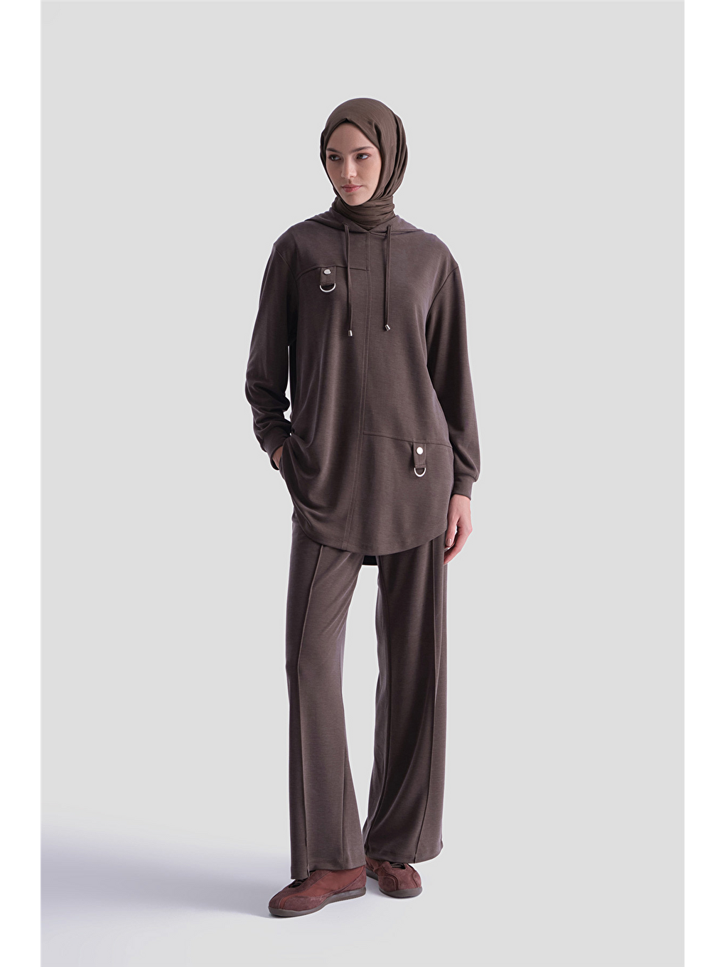 Kahverengi Kapüşonlu Örme Takım 25Kd4386 Kahve-1
