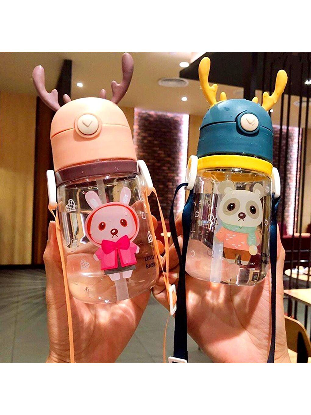 Geyik Figürlü Pipetli Taşıma Askılı Çocuk Matarası 550 Ml Sevimli Tavşan-3