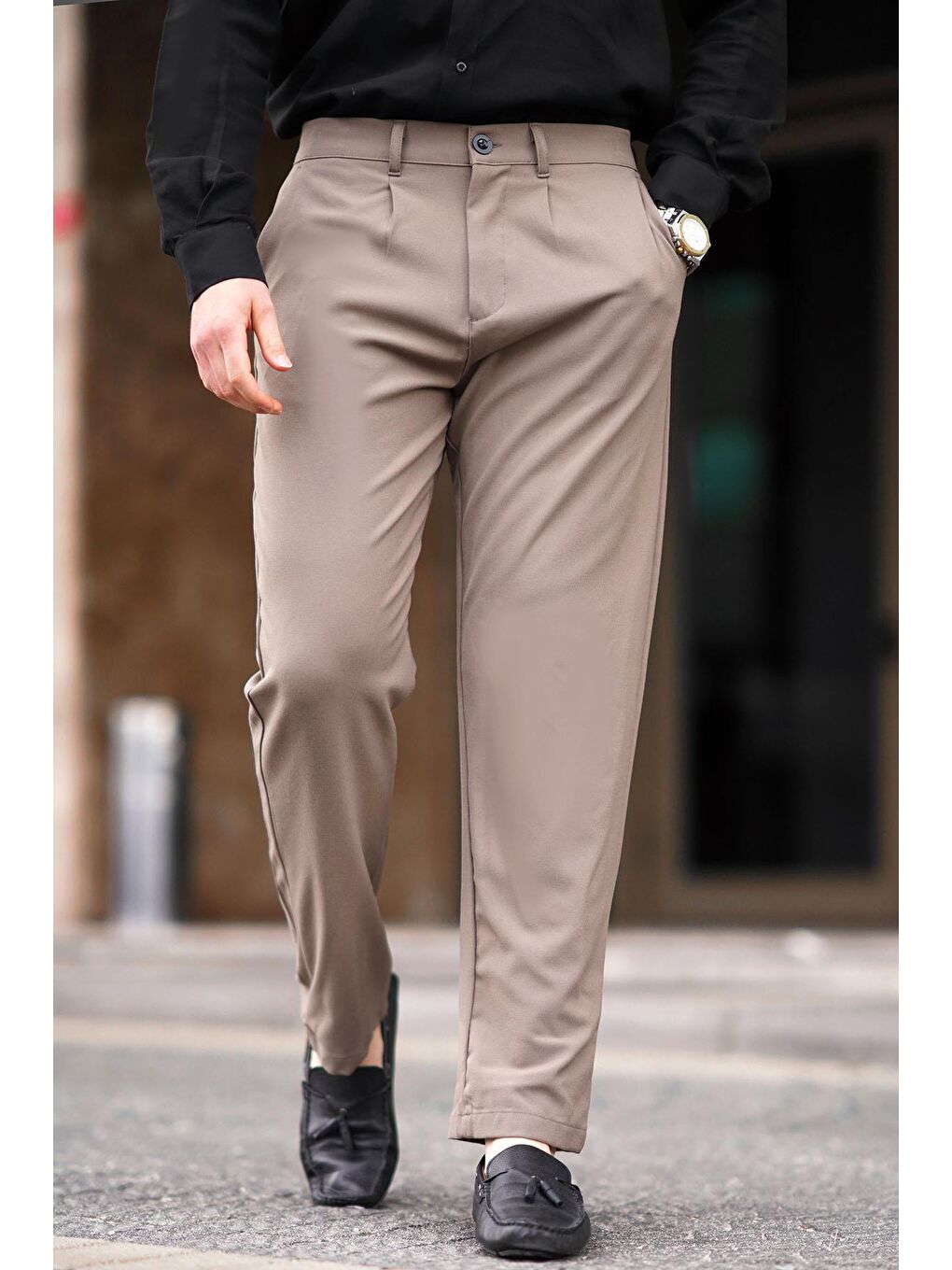 Bej Vizon Regular Fit Düz Kesim Yan Cepli Erkek Pantolon 6540