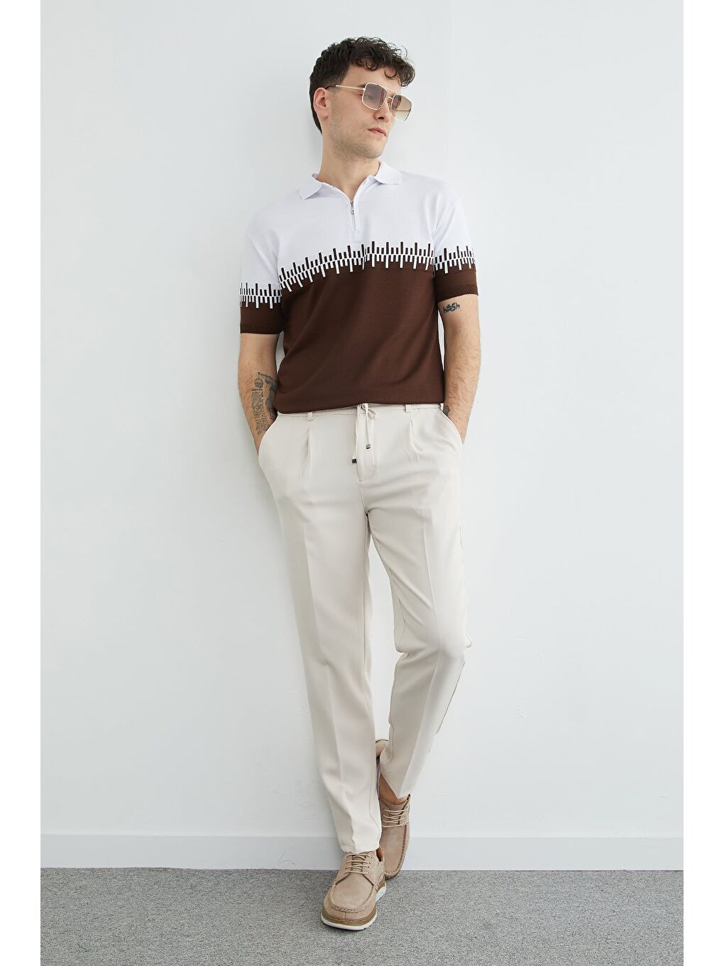 Kahverengi Yarım Fermuarlı Polo Yaka Triko Tişört-2