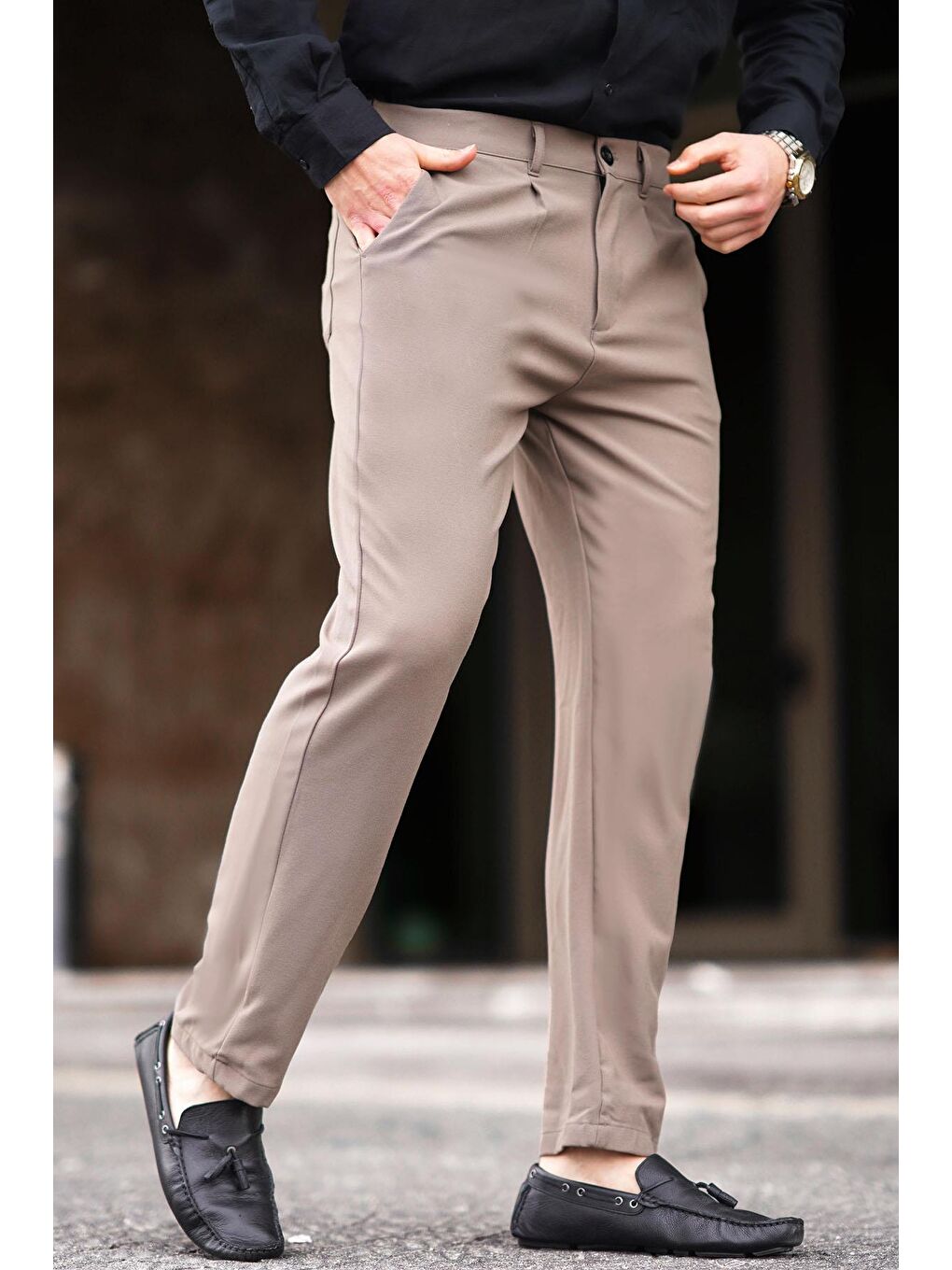 Bej Vizon Regular Fit Düz Kesim Yan Cepli Erkek Pantolon 6540-1