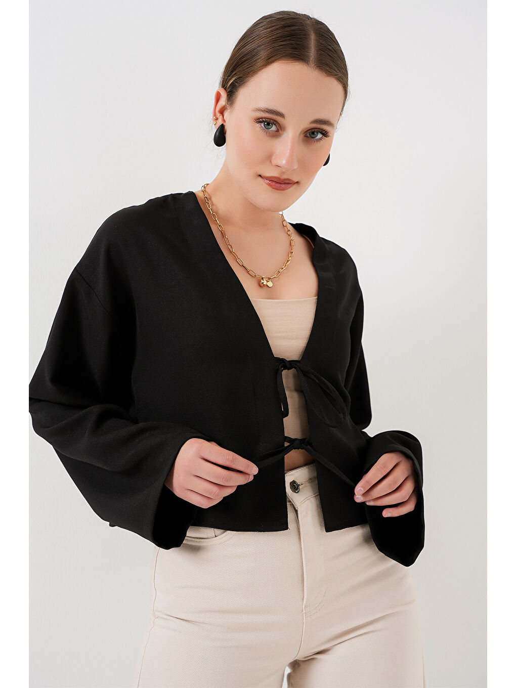 Önü Bağlamalı Keten Kimono 960 - Siyah-2