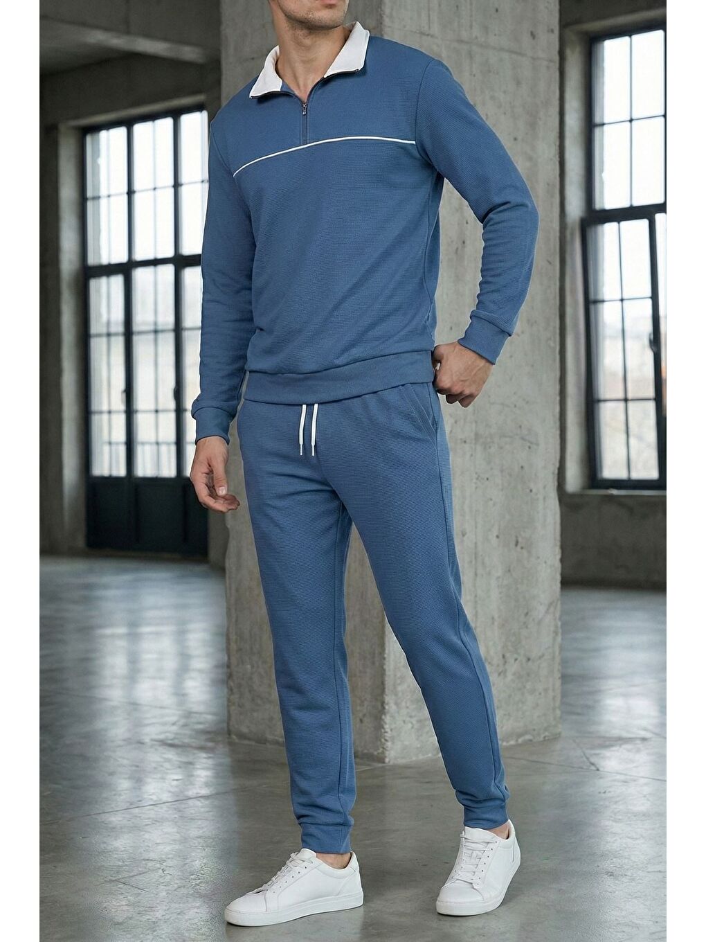 İndigo Erkek Polo Yaka Yarım Fermuarlı Sweat Bel Lastikli Pantolon İkili Takım
