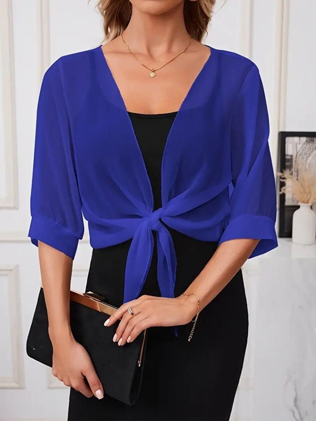 Mavi Kadın Truvakar Kol önden Bağlamalı Kısa şifon Bolero Ceket