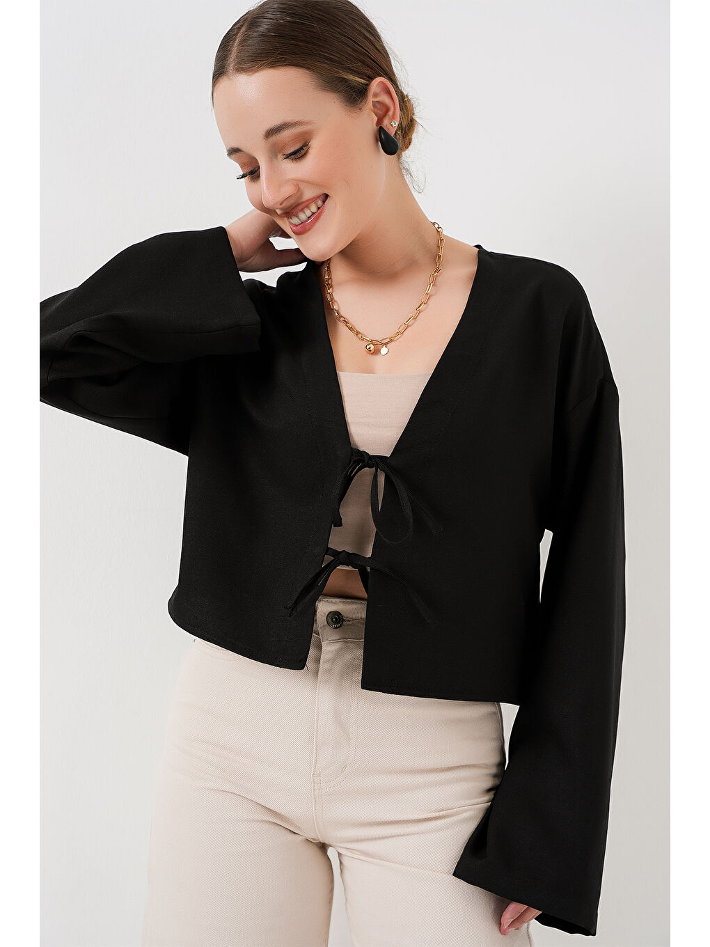 Önü Bağlamalı Keten Kimono 960 - Siyah-3