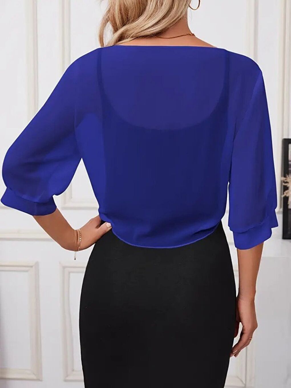 Mavi Kadın Truvakar Kol önden Bağlamalı Kısa şifon Bolero Ceket-1