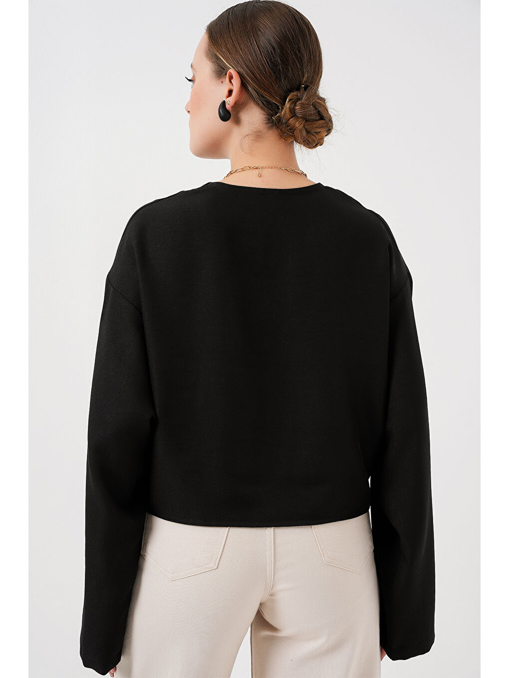 Önü Bağlamalı Keten Kimono 960 - Siyah-5