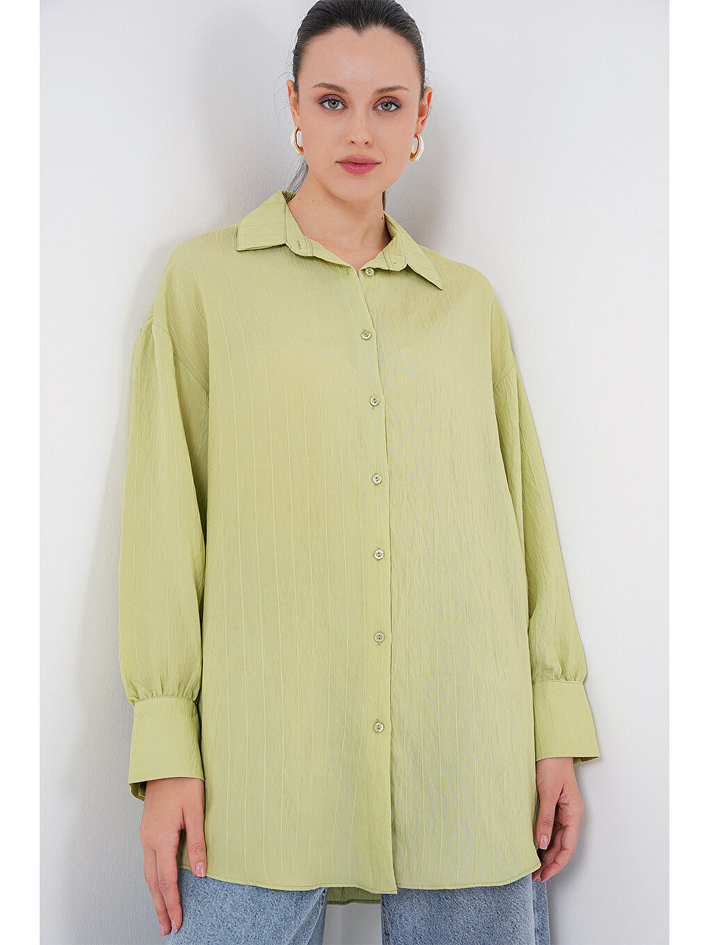 Kadın Çizgili Uzun Gömlek Tunik 5963 - E.Yeşil