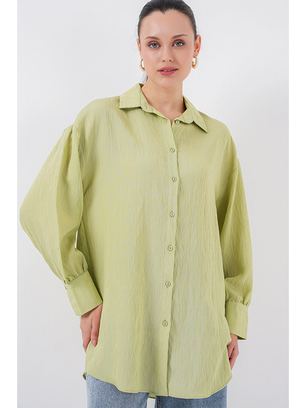 Kadın Çizgili Uzun Gömlek Tunik 5963 - E.Yeşil-2