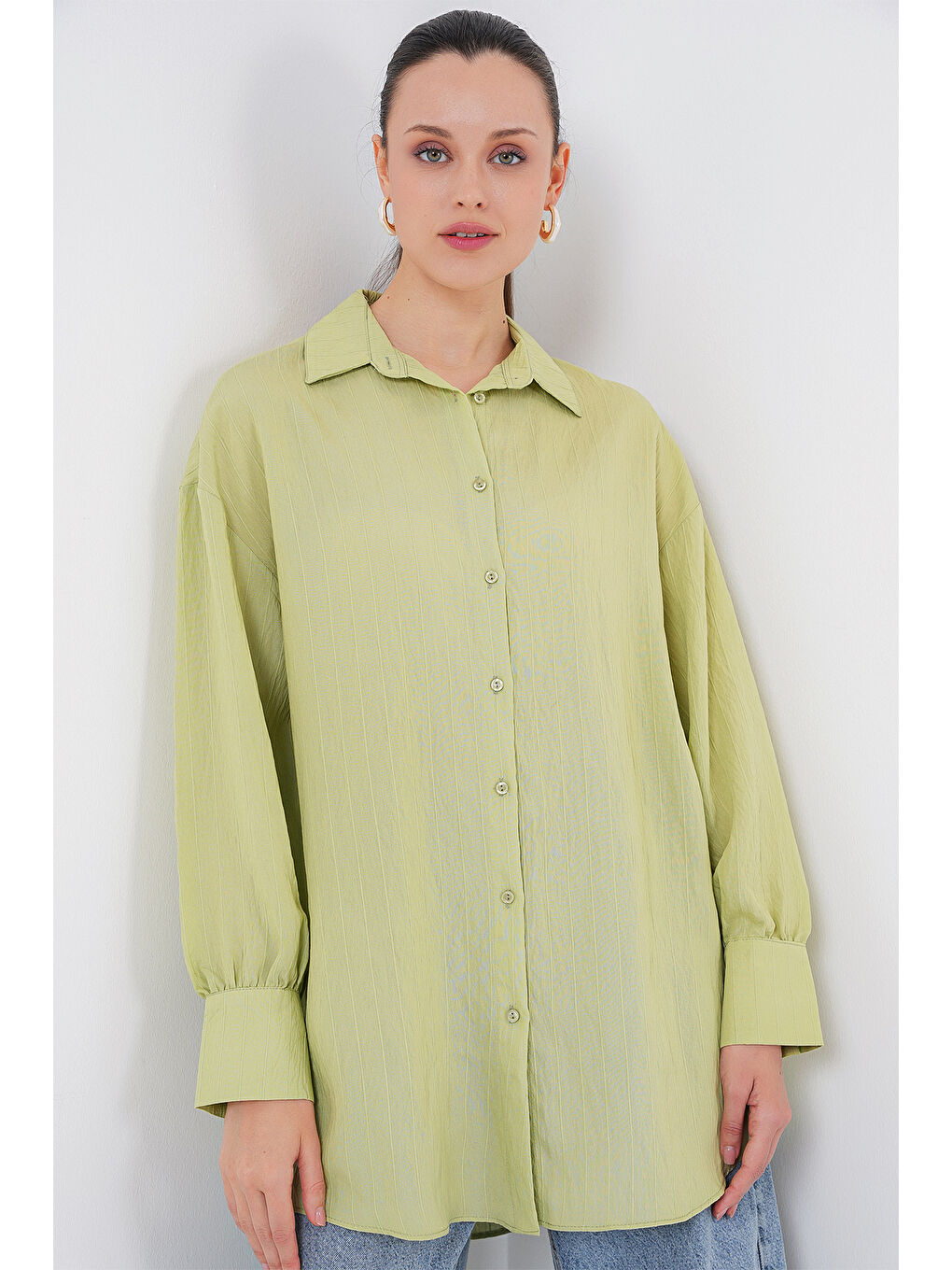 Kadın Çizgili Uzun Gömlek Tunik 5963 - E.Yeşil-3
