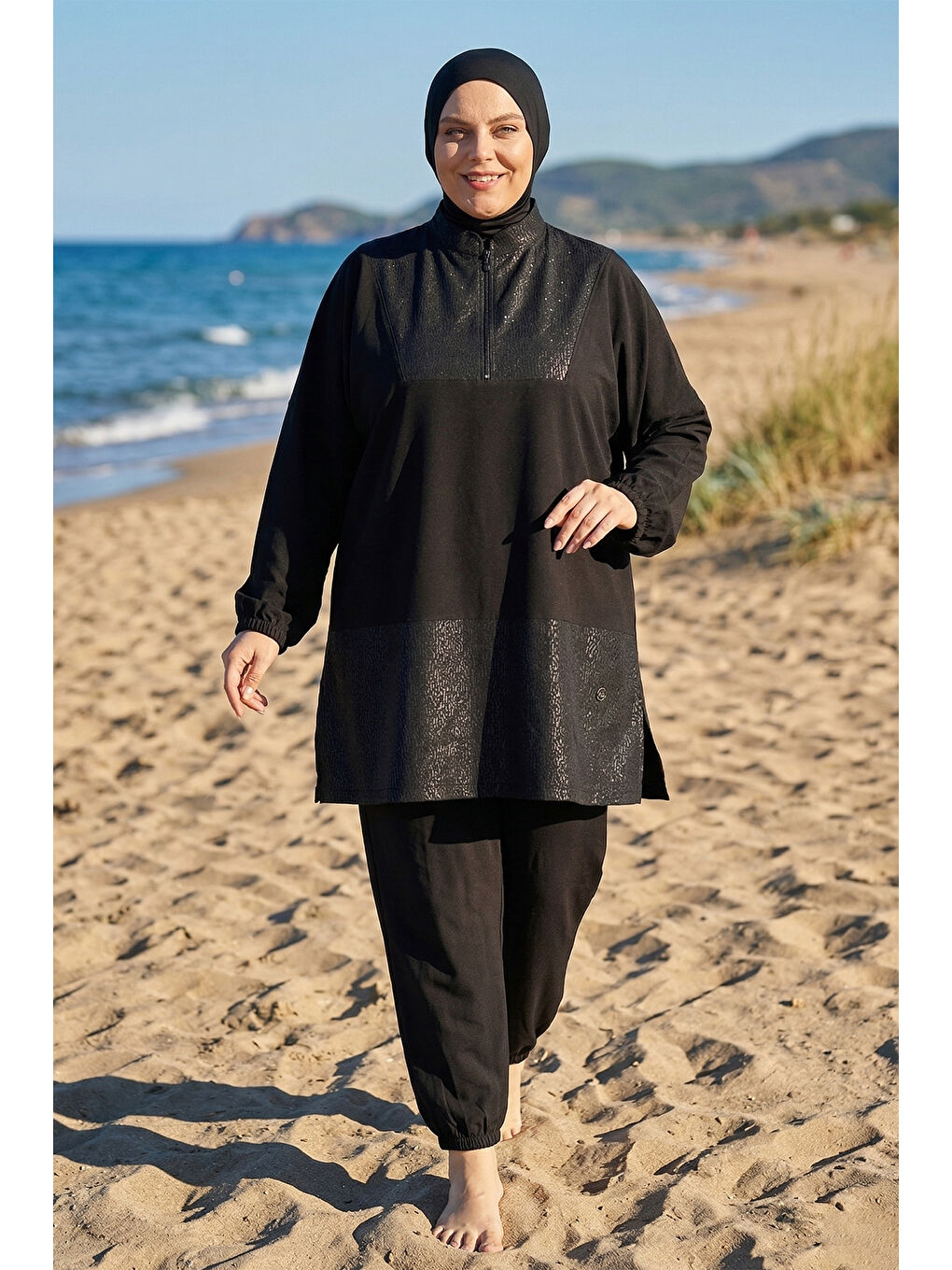 Büyük Beden Spor Elastan Tam Kapalı Tesettür Mayo 6292 Siyah-1