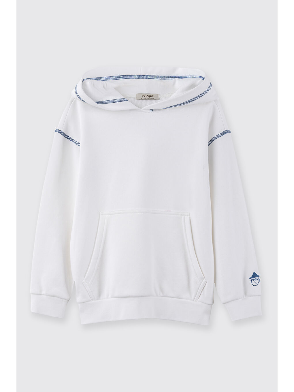 Erkek Çocuk Kapüşonlu Nakışlı Kanguru Cepli Kontrast Dikiş Detaylı Beyaz Sweatshirt-4