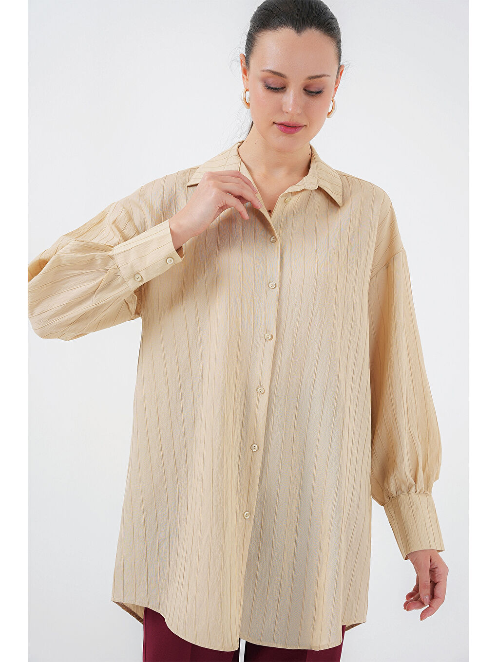 Kadın Çizgili Uzun Gömlek Tunik 5963 - Bej