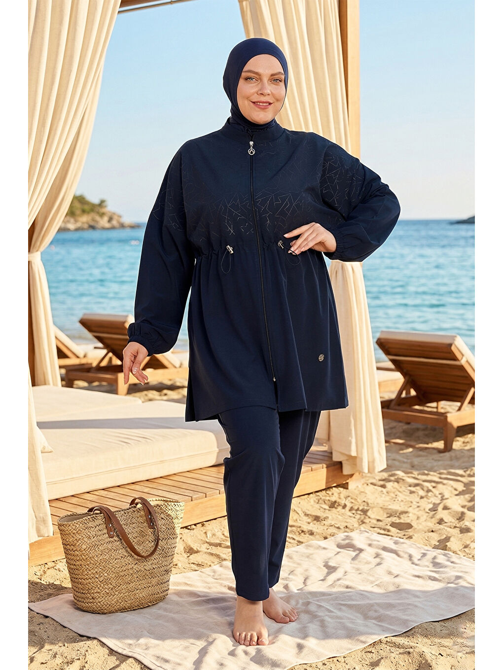 Büyük Beden Spor Elastan Tam Kapalı Tesettür Mayo 6291 Koyu Lacivert