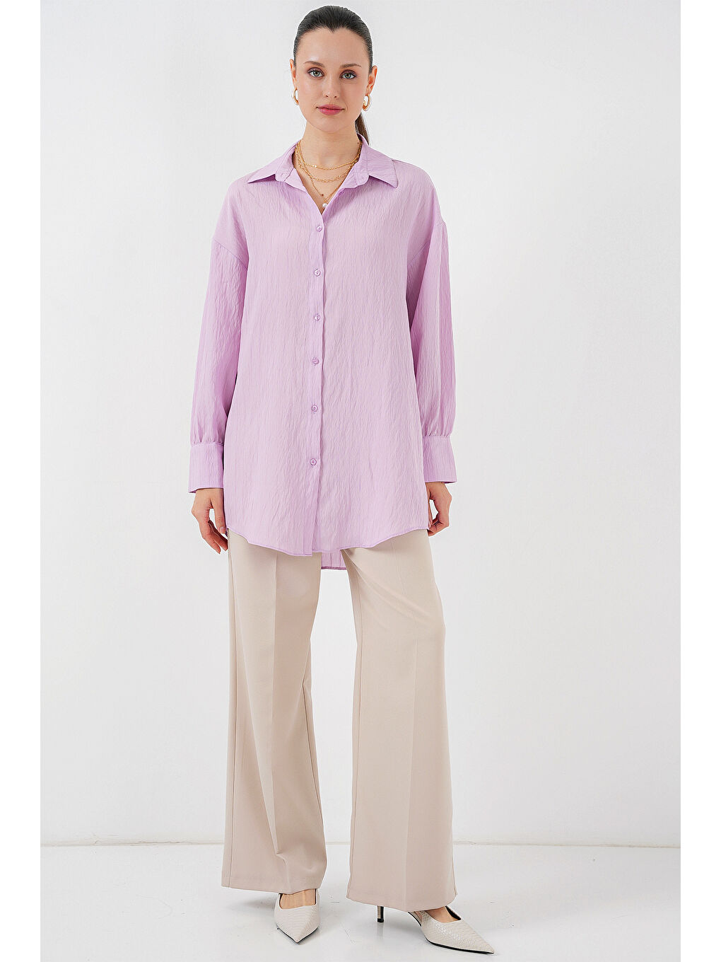 Kadın Çizgili Uzun Gömlek Tunik 5963 - Lila-1