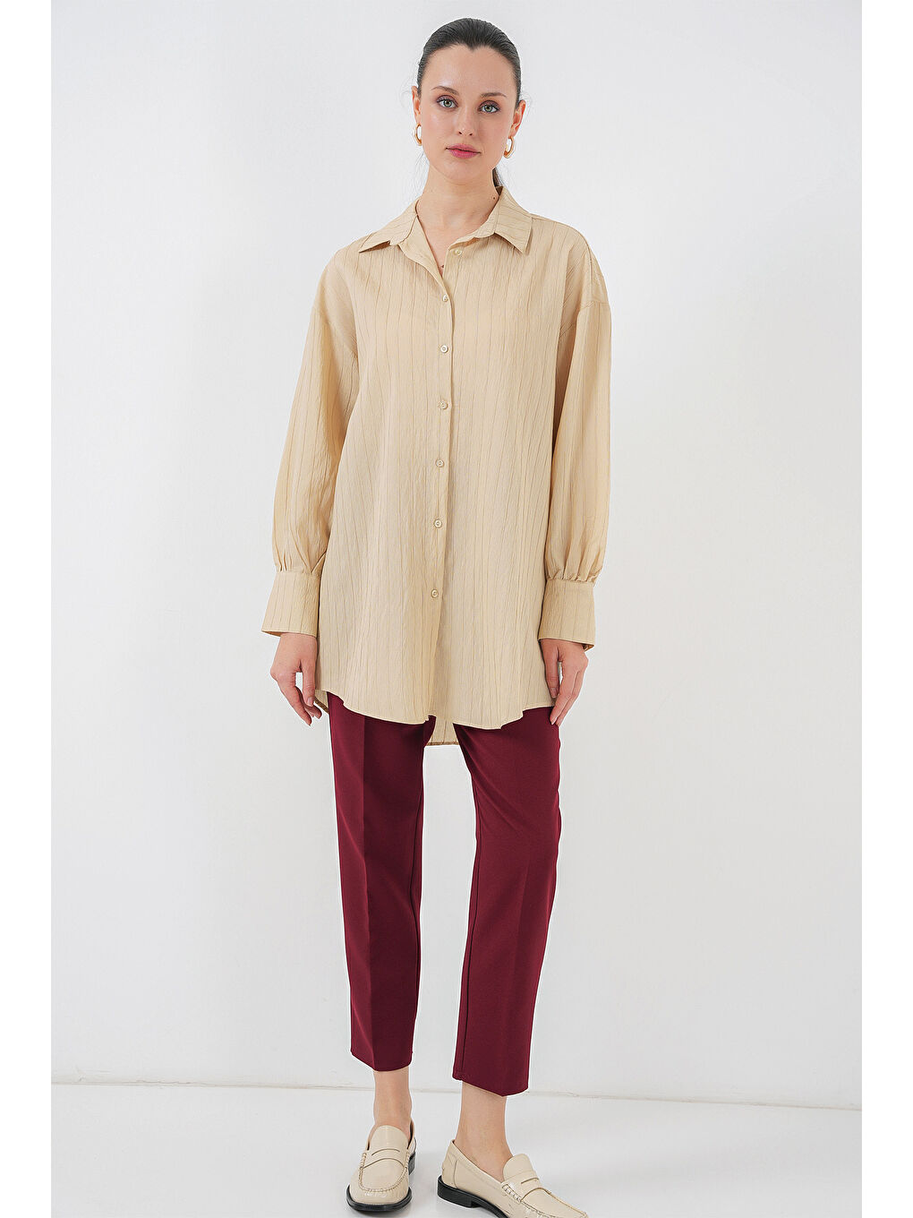 Kadın Çizgili Uzun Gömlek Tunik 5963 - Bej-1