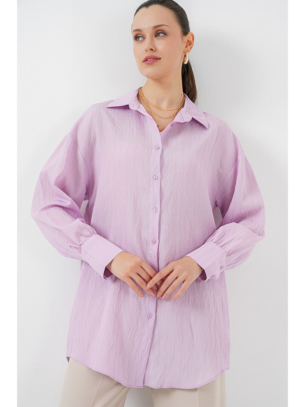 Kadın Çizgili Uzun Gömlek Tunik 5963 - Lila-2