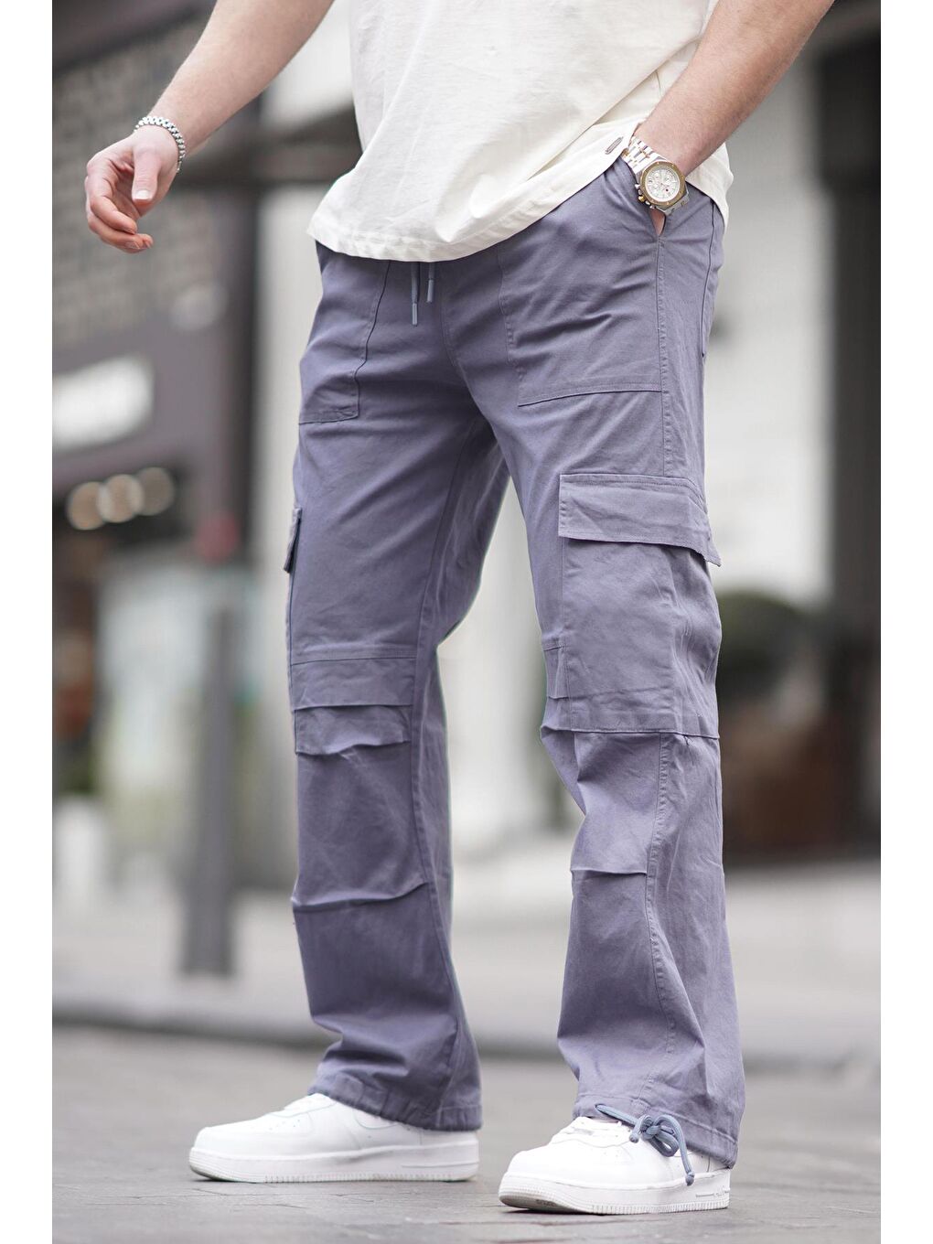 Gri Füme Geniş Paça Kargo Cep Erkek Pantolon 6826-1