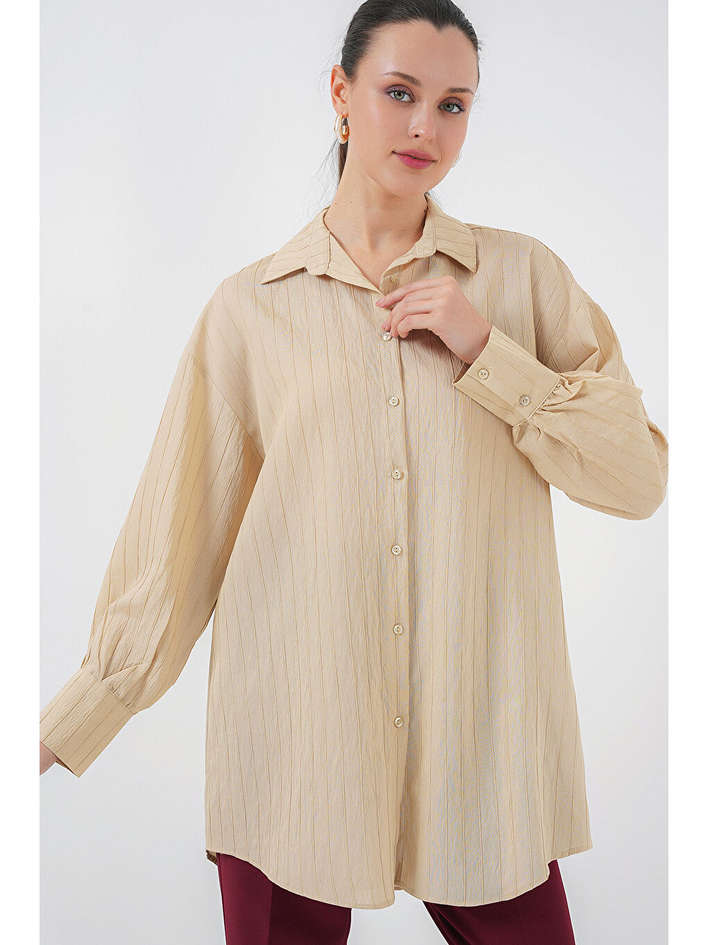 Kadın Çizgili Uzun Gömlek Tunik 5963 - Bej-2