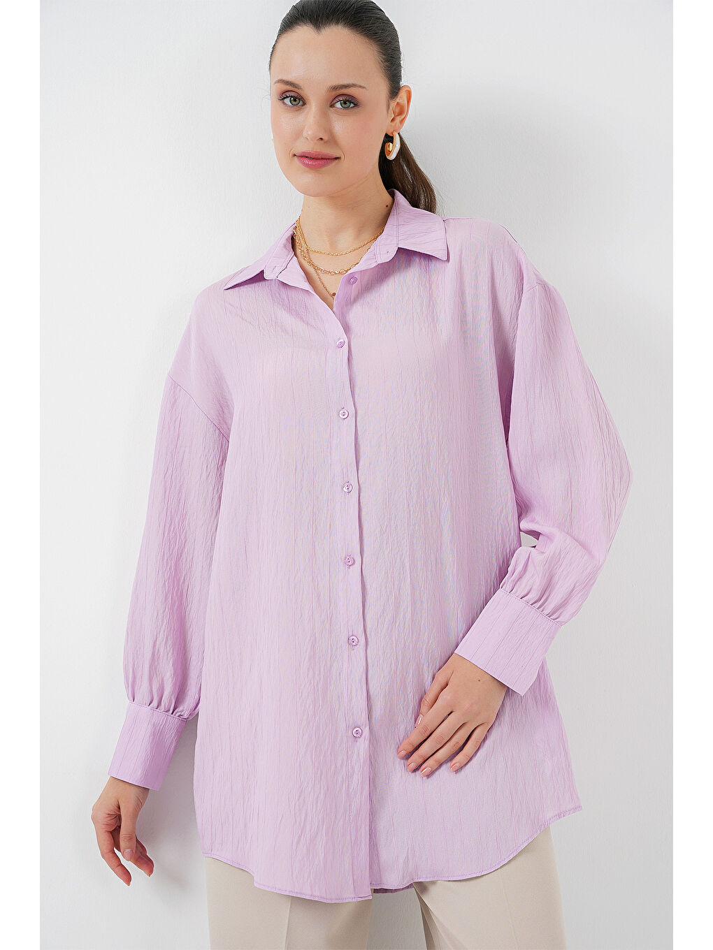 Kadın Çizgili Uzun Gömlek Tunik 5963 - Lila-3