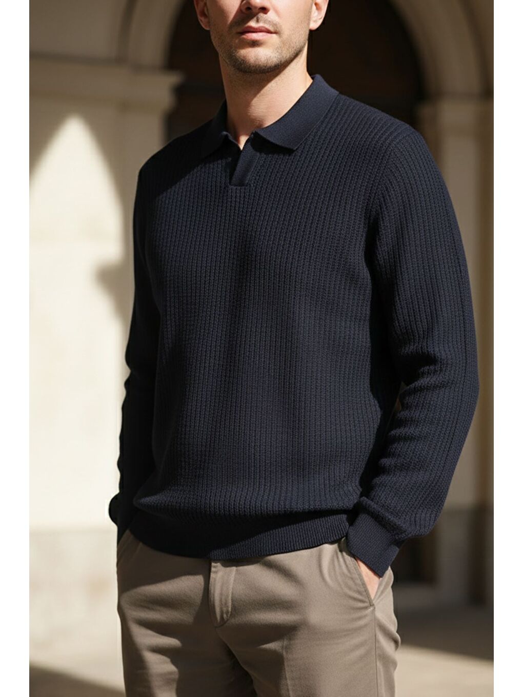 Lacivert Erkek Polo Yaka Elastanlı Triko Kazak