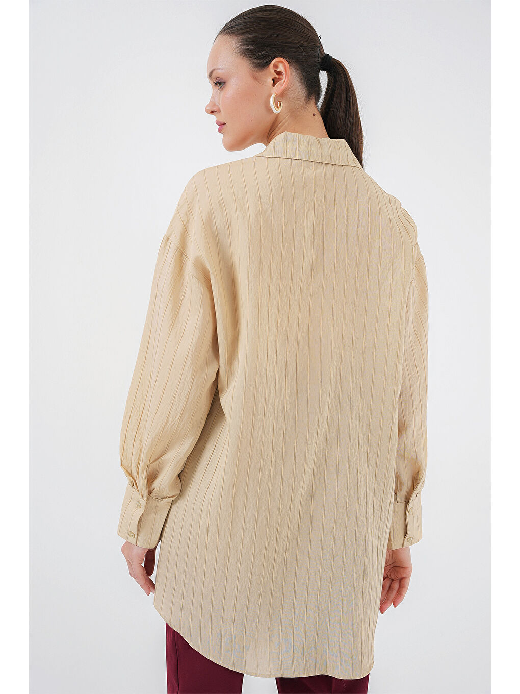 Kadın Çizgili Uzun Gömlek Tunik 5963 - Bej-4