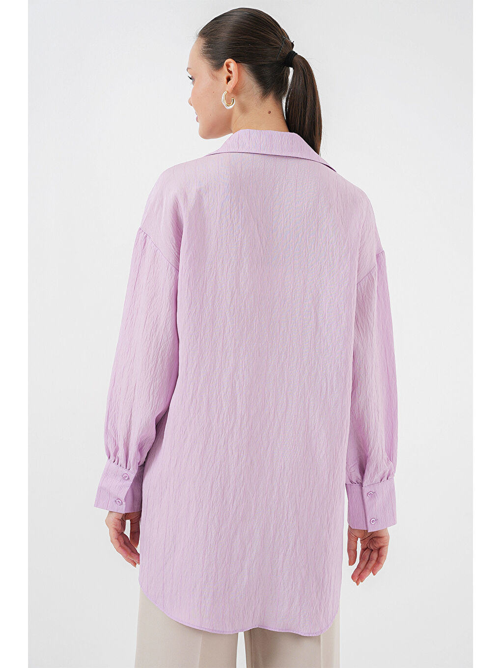Kadın Çizgili Uzun Gömlek Tunik 5963 - Lila-5
