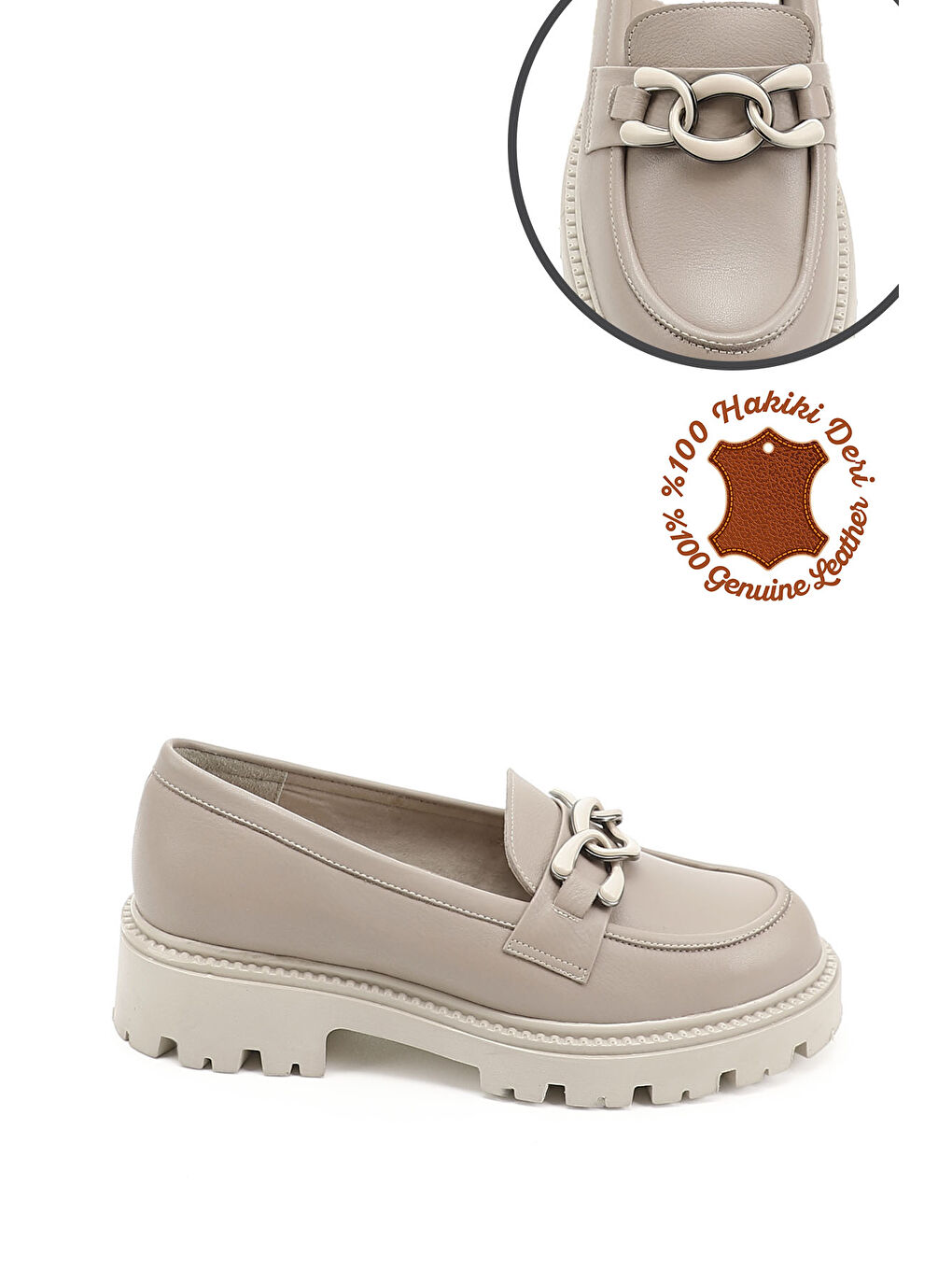 Bej Kadın BEJ-CAMEL Kalın Topuklu Tokalı Hakiki Deri Loafer Ayakkabı-3