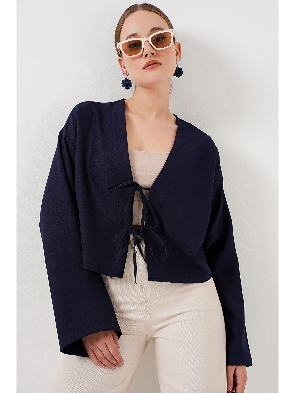 Önü Bağlamalı Keten Kimono 960 - Lacivert