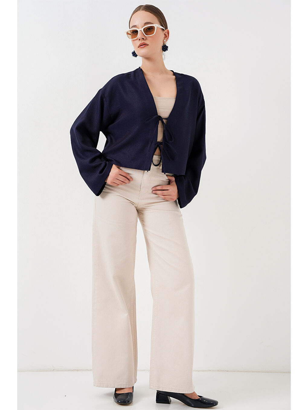 Önü Bağlamalı Keten Kimono 960 - Lacivert-1