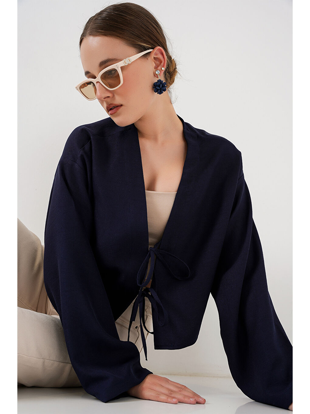 Önü Bağlamalı Keten Kimono 960 - Lacivert-2