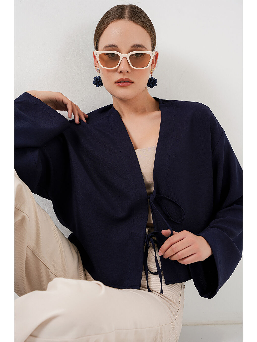 Önü Bağlamalı Keten Kimono 960 - Lacivert-3