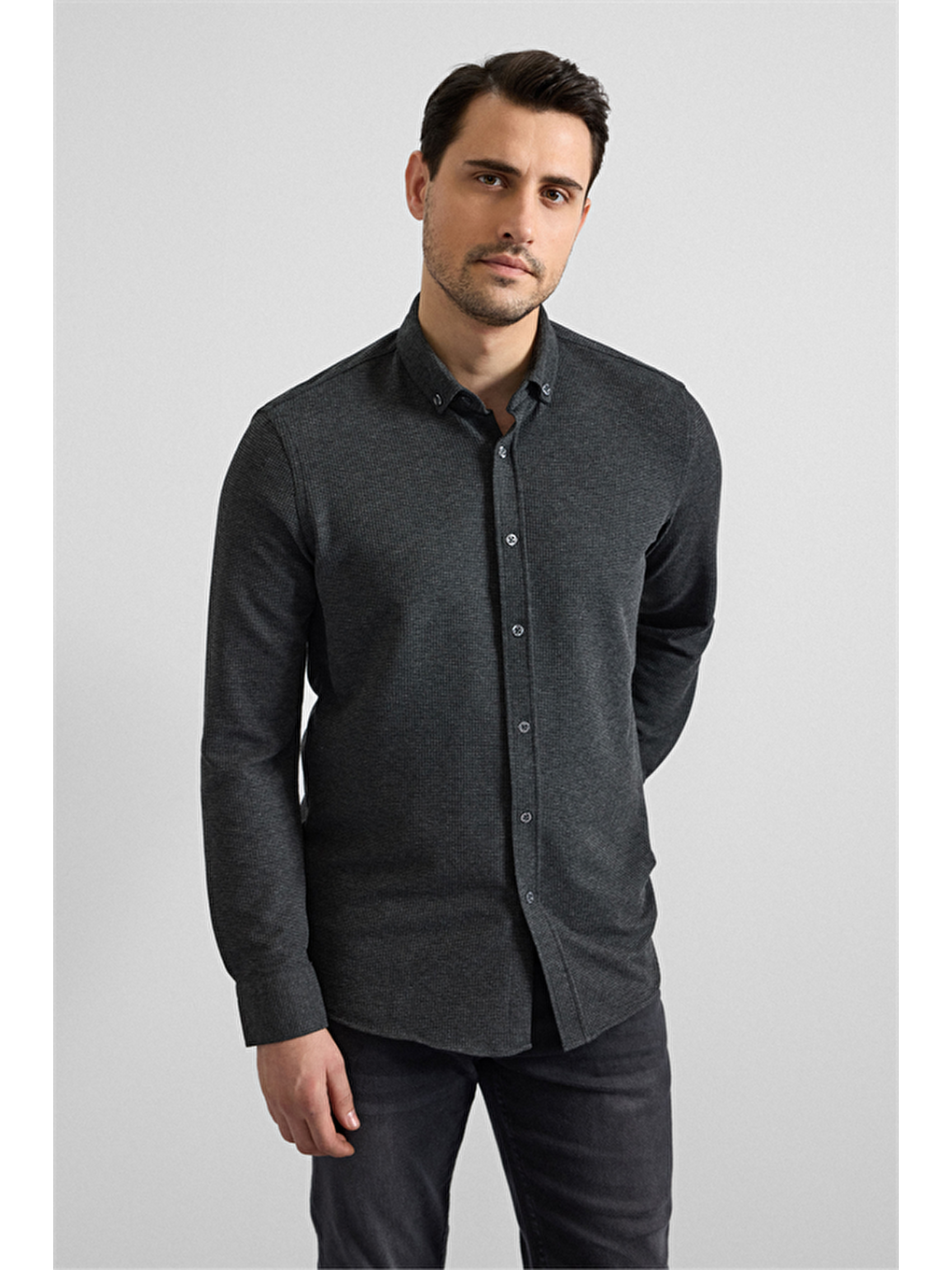 Antrasit Slim Düğmeli Yaka Manşetli Casual Gömlek-2