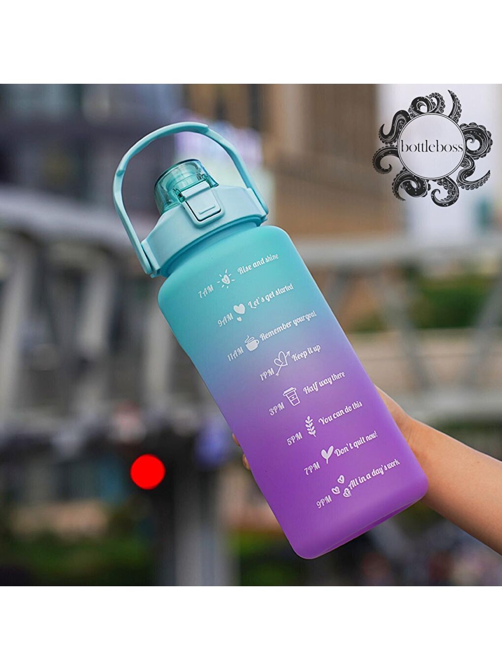 BottleBoss Pastel Renk Geçişli Sızdırmaz Kapak Motivasyon Matarası 2 Litre Sticker HEDİYELİ Yeşil