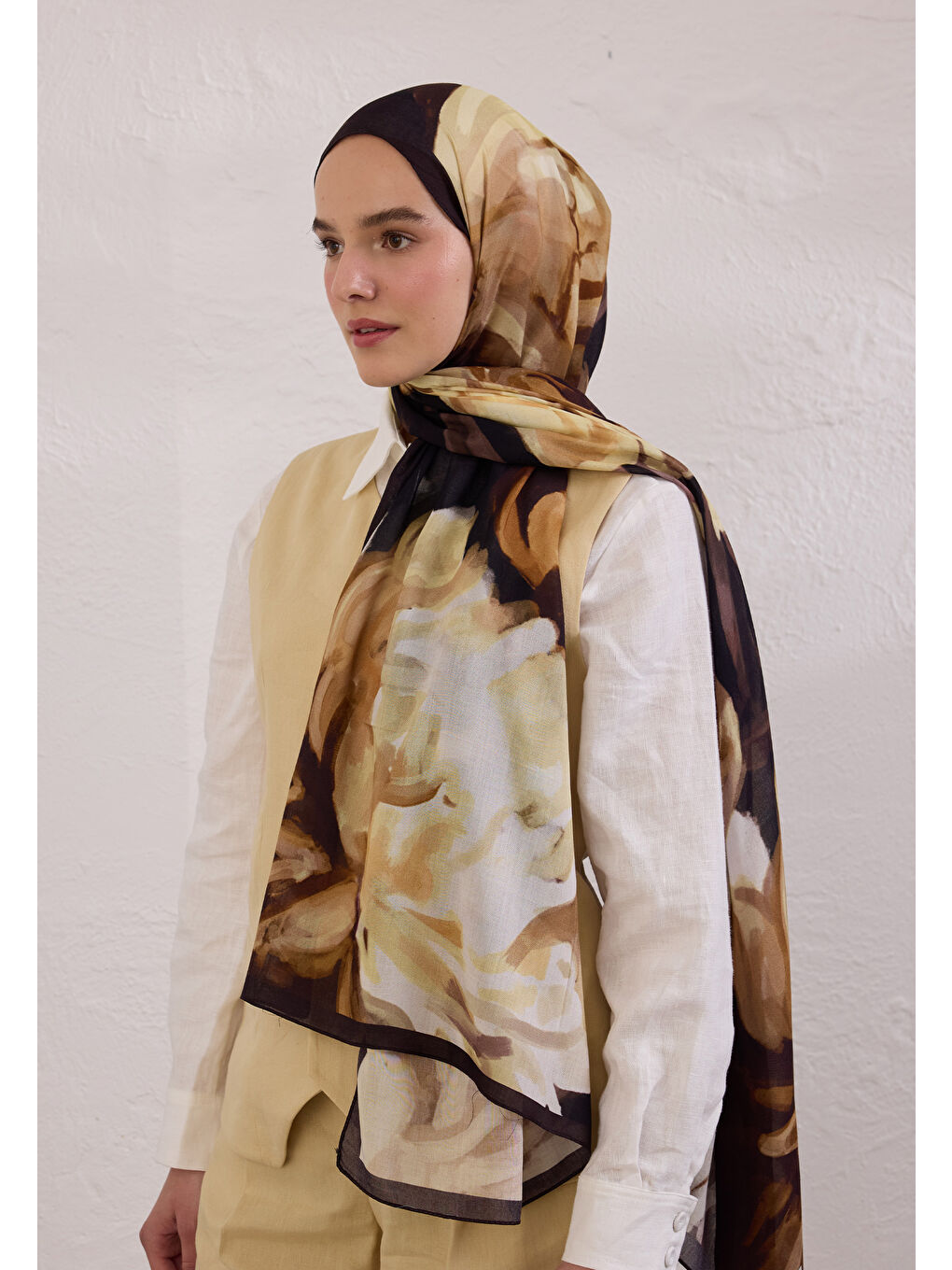 Kahverengi Gardenıa Desen Rami Şal Kahve-1