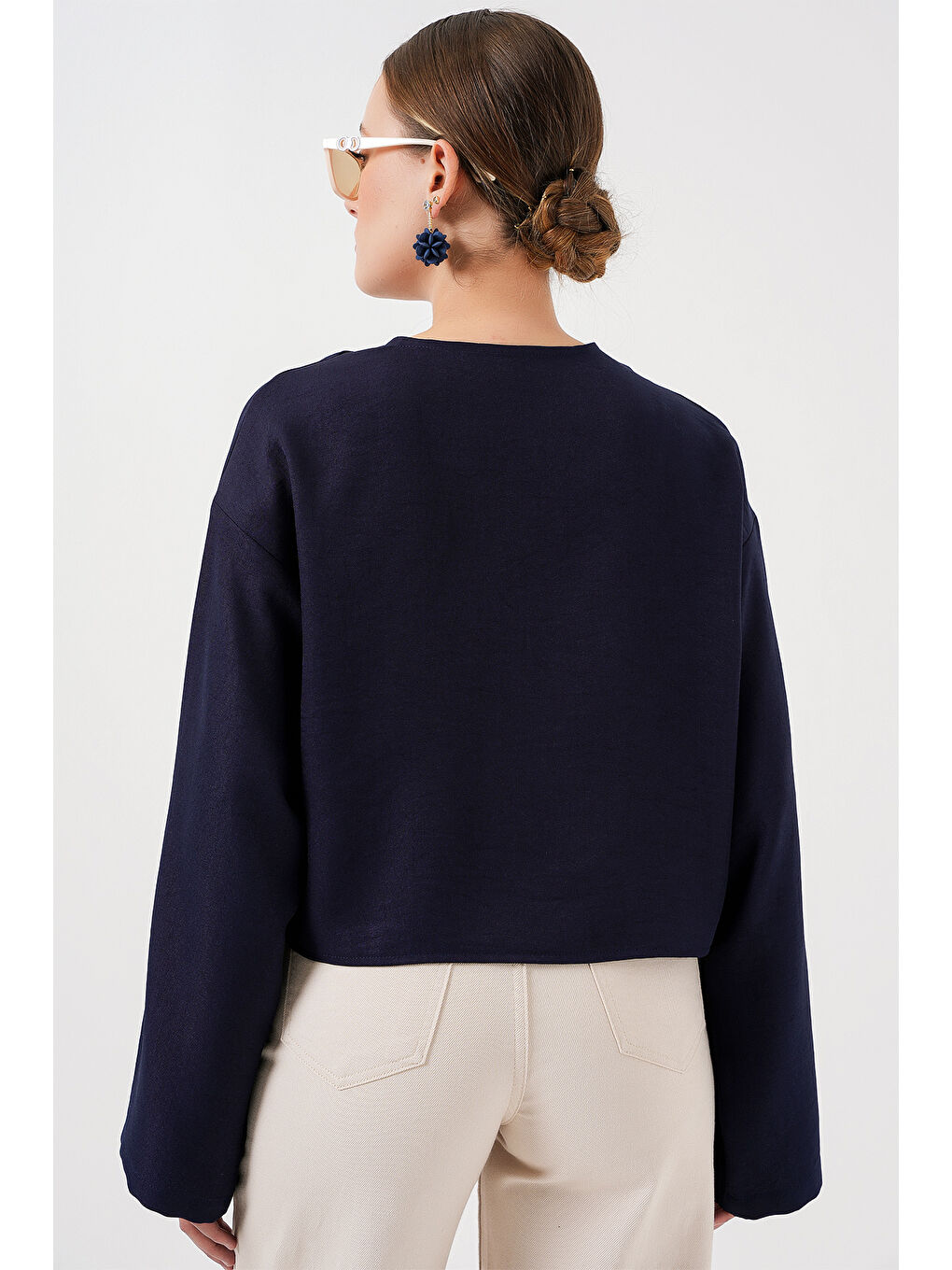 Önü Bağlamalı Keten Kimono 960 - Lacivert-5