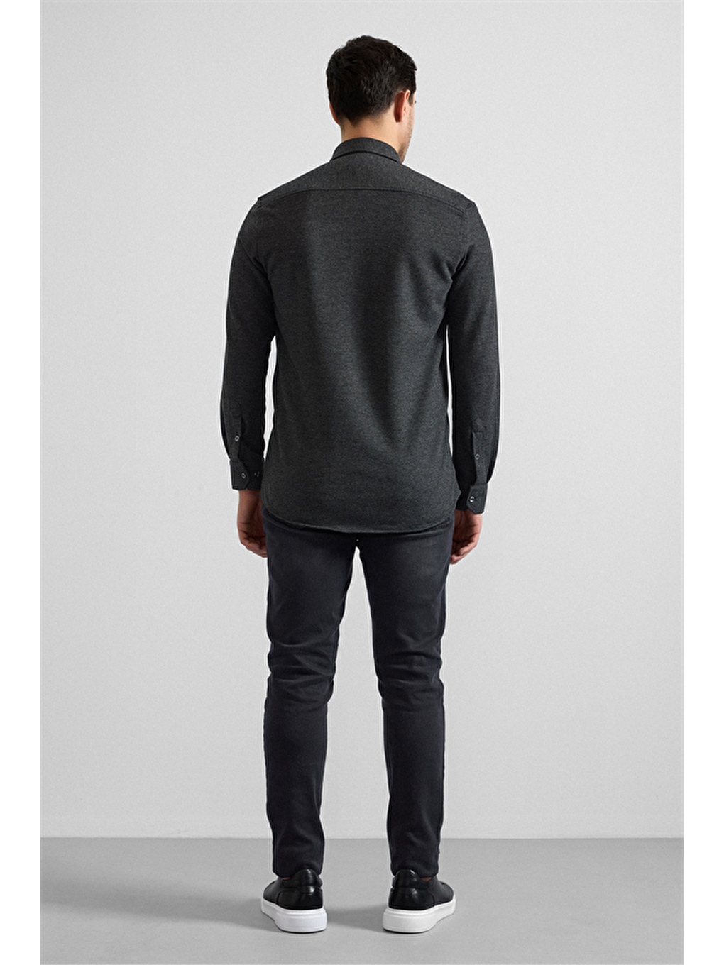 Antrasit Slim Düğmeli Yaka Manşetli Casual Gömlek-5