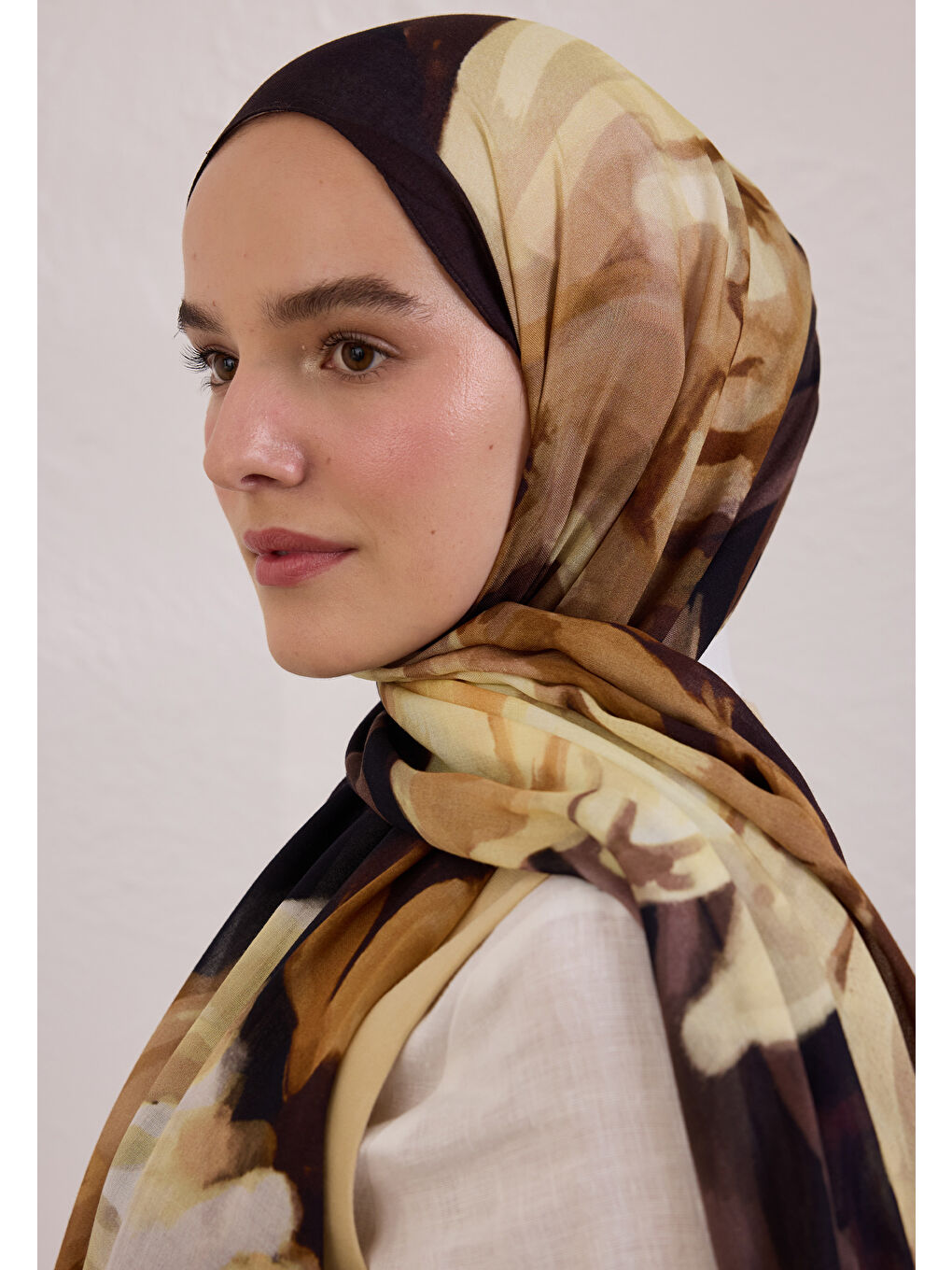 Kahverengi Gardenıa Desen Rami Şal Kahve-2