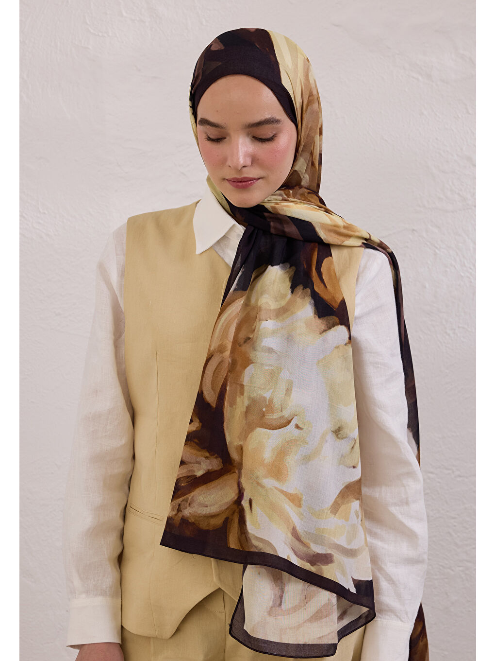 Kahverengi Gardenıa Desen Rami Şal Kahve-3