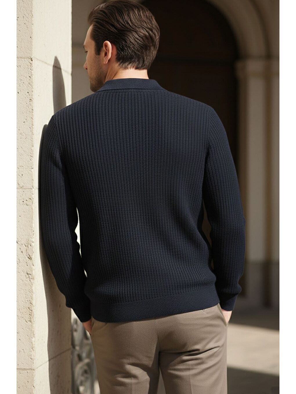 Lacivert Erkek Polo Yaka Elastanlı Triko Kazak-2