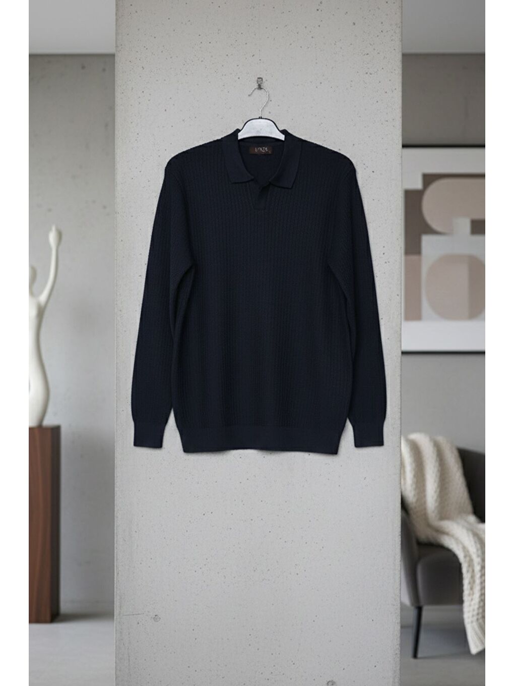 Lacivert Erkek Polo Yaka Elastanlı Triko Kazak-3