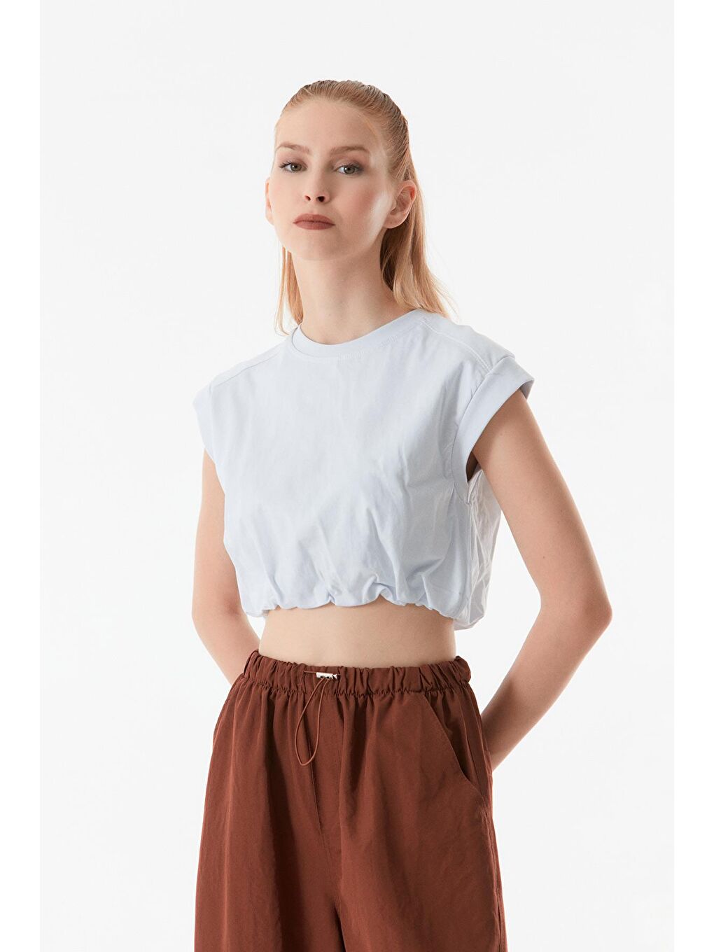 Fullamoda Beyaz Basic Beli Büzgülü Crop Tişört - 1