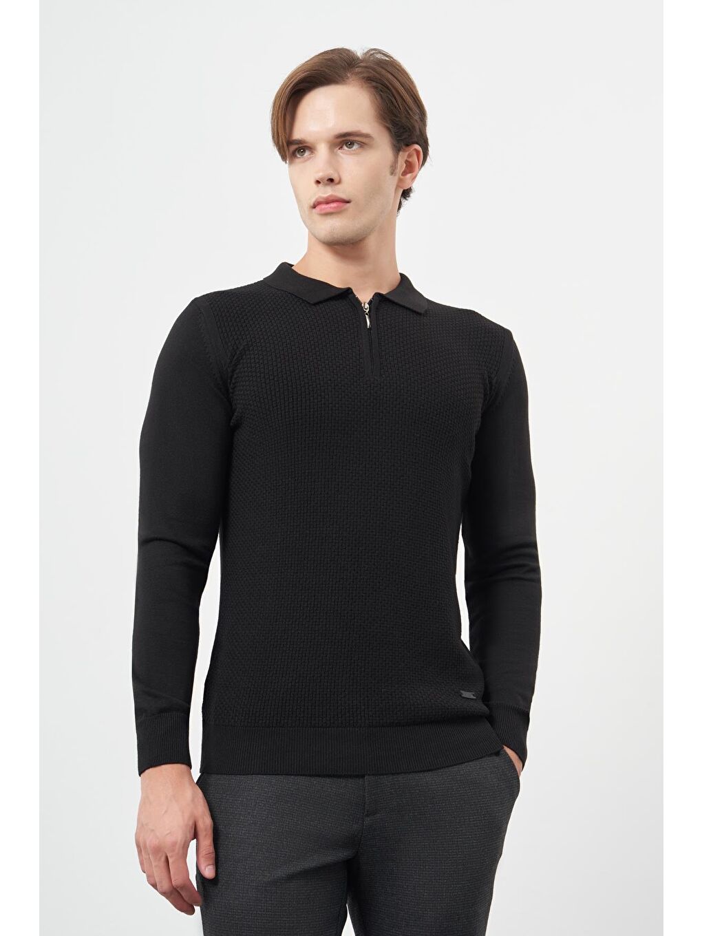 Siyah Uzun Kol Kendinden Düz Örme Polo Yaka Classic Comfort Fit Triko 1012245156