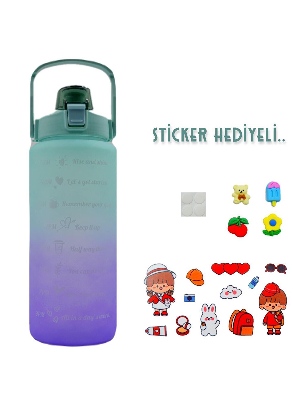 BottleBoss Pastel Renk Geçişli Sızdırmaz Kapak Motivasyon Matarası 2 Litre Sticker HEDİYELİ Yeşil - 1