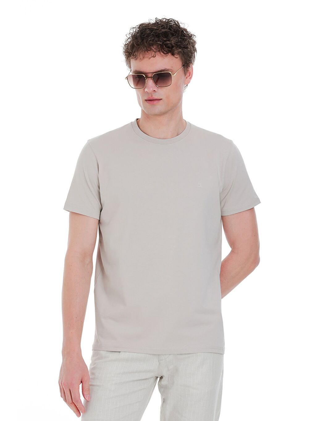 Ekru Regular Fit Bisiklet Yaka Pamuklu Tişört-2