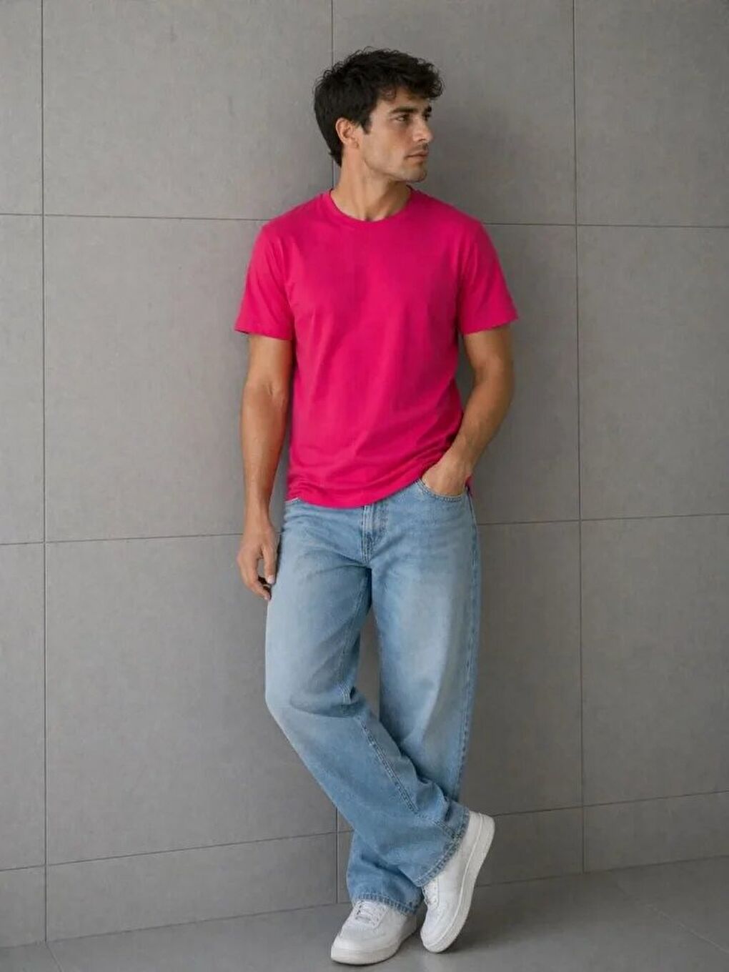 Fuşya Erkek Basic Pamuklu Tişört-1