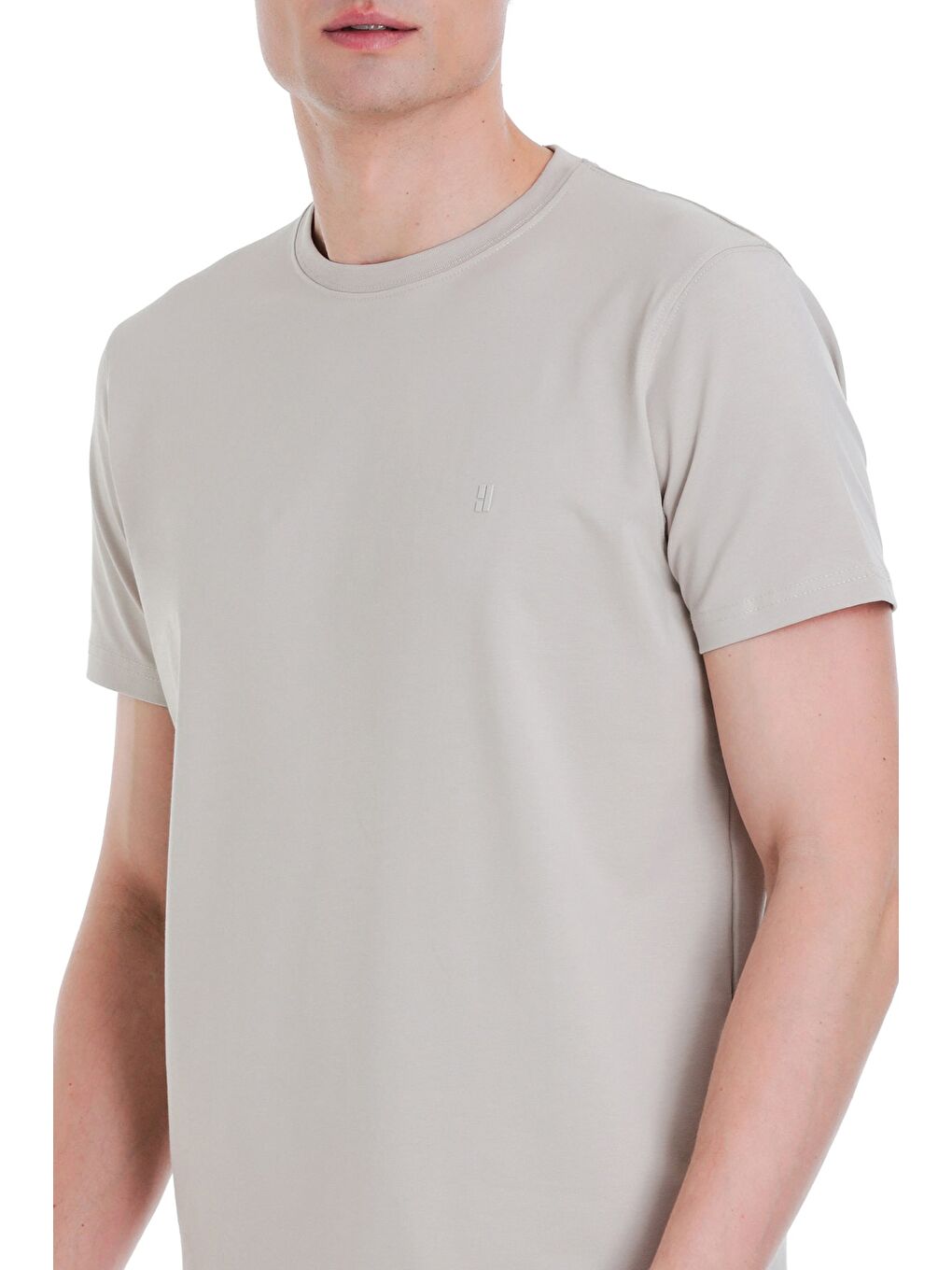 Ekru Regular Fit Bisiklet Yaka Pamuklu Tişört-3