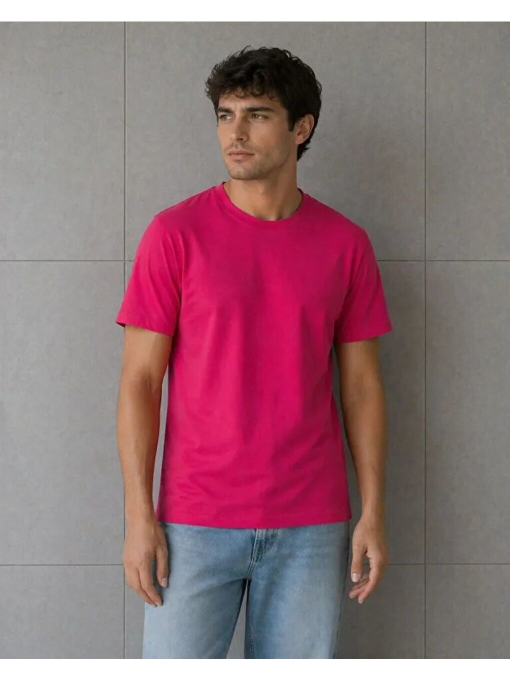 Fuşya Erkek Basic Pamuklu Tişört-2